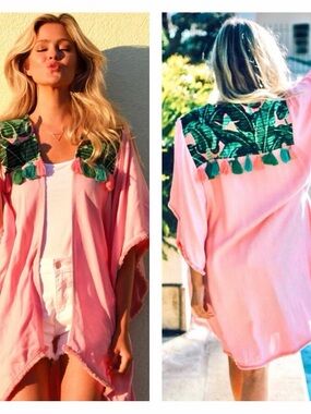Judith March Pink Tassel Trim Beach Kimono with Green Embroidered Yoke